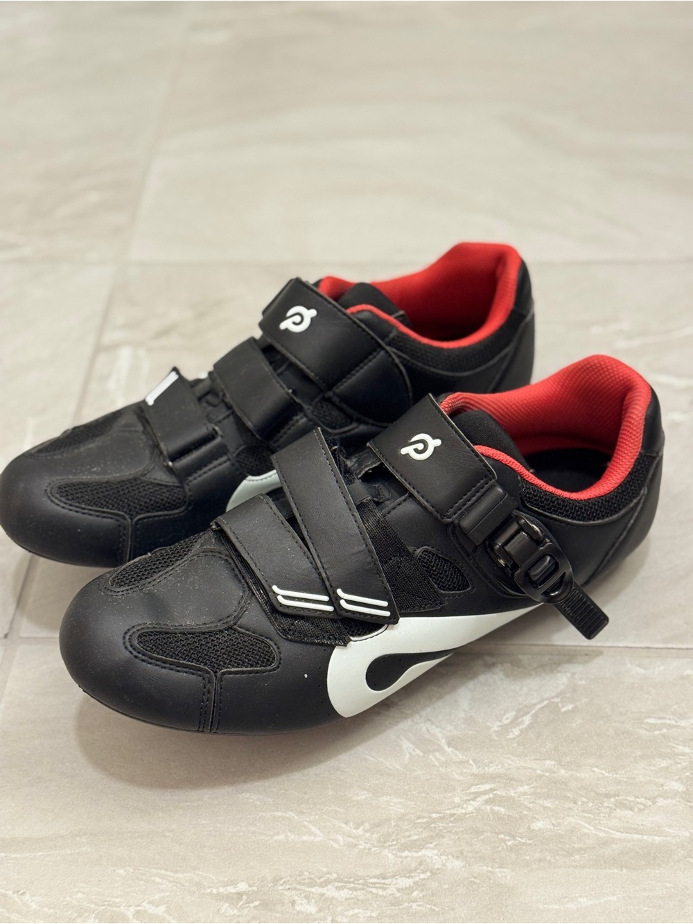 Peloton Black Cycling Shoes with Red Trim and White Logo